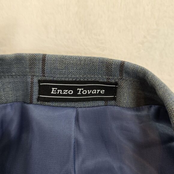Enzo Tovare Blazer Sport Coat Mens 46R Blue Gray Plaid Wool Two Button Vented - Picture 6 of 16